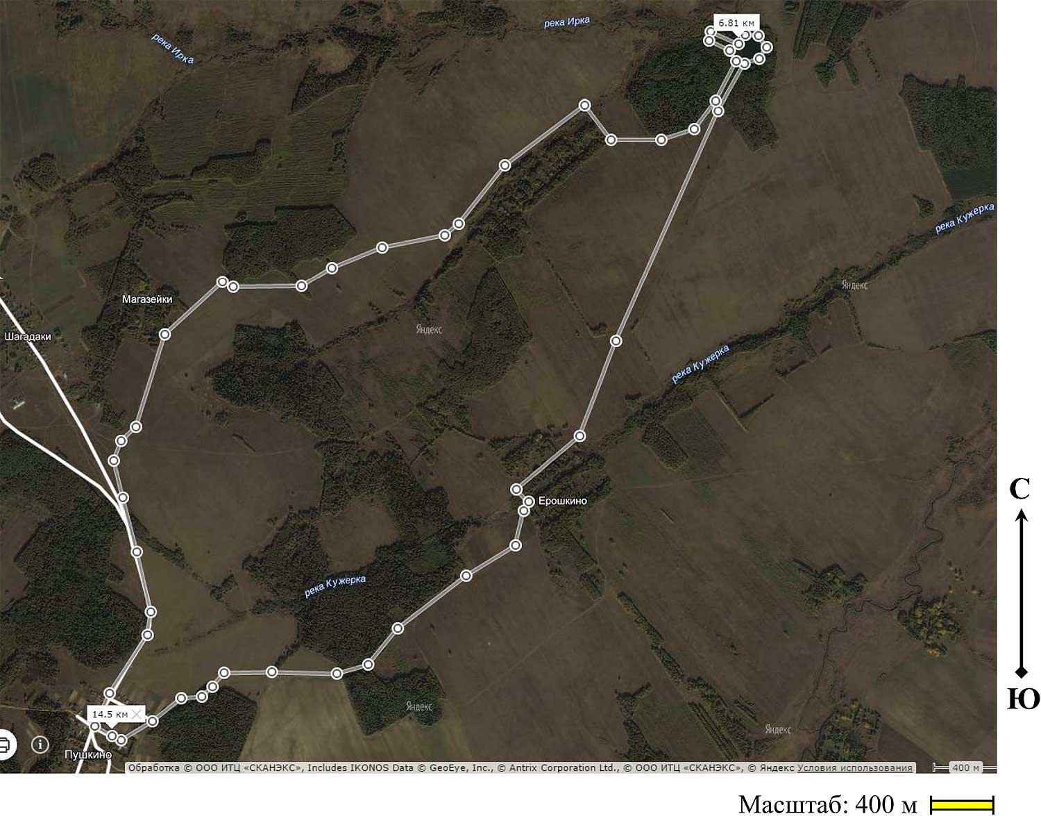 Маршрут на фото со спутника (сайт Яндекс. Карты)