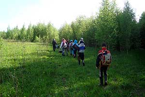Туристы идут по колее вдоль леса в юго-западном направлении